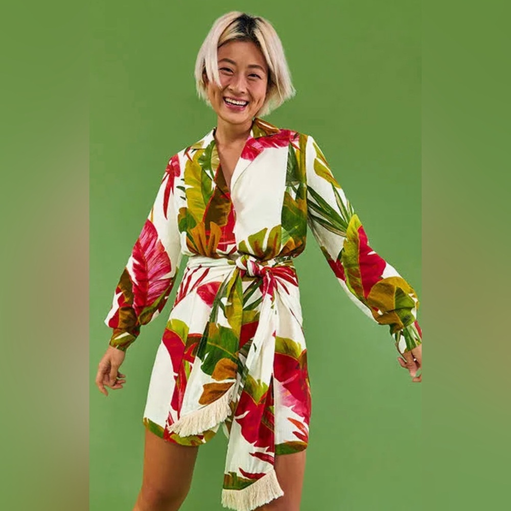 FARM Rio Red Green Wrap Sundress with Bishop Sleeves